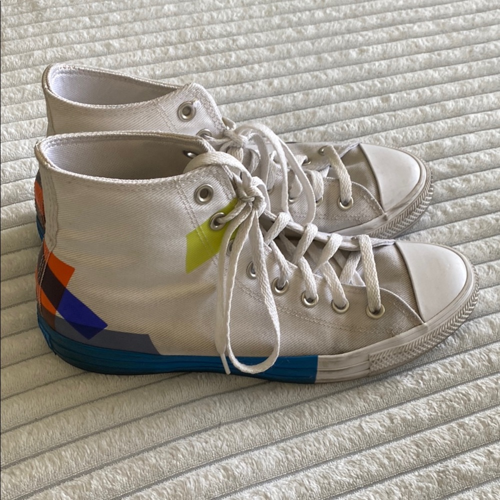 High-Top Converse Sneakers - 8 Men /10 Women’s- White with Multicolor Accents